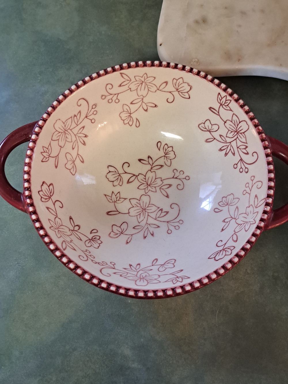 Temp-Tations Cream and Red Floral Ceramic Serving Bowl with Handles